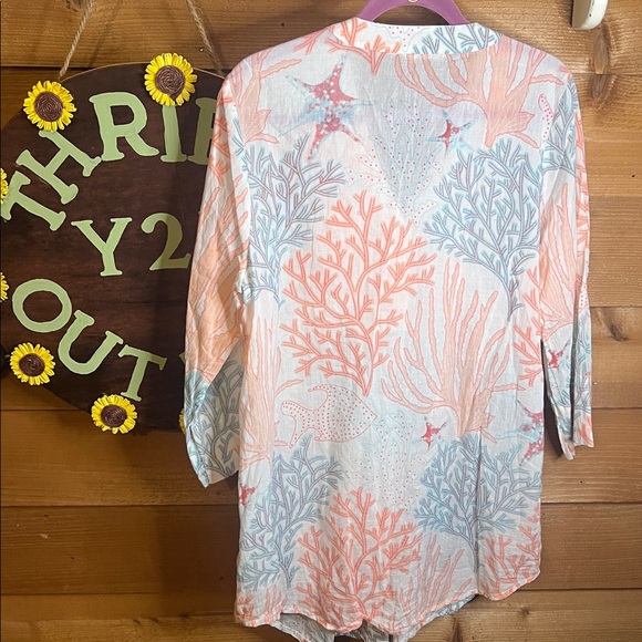 Soft Surroundings Malha Reef Tunic Cotton Embroider Sequin Button Shirt Blouse L - Picture 9 of 9